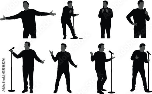 Black Silhouette of Man Performing Stand-Up Comedy or Public Speaking on Stage in Various Poses, Isolated on White Background, Show, Entertainment, Humor, Performance

.