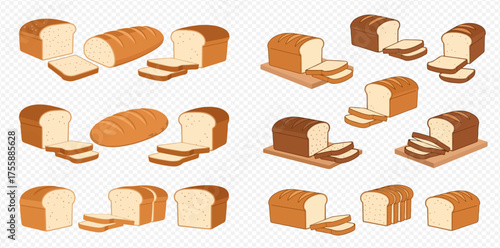 Various loaves of bread, some sliced, some whole, in different shades of brown.