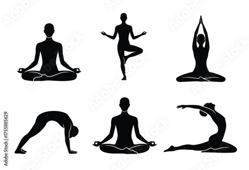 Scalable vector silhouettes of six diverse yoga poses perfect for wellness and fitness illustrations vector illustration white background