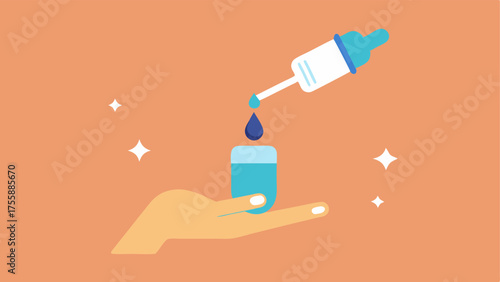 Application Process A hand applying a drop of serum to the skin with a focus on the texture of the skin and small sparkles representing hydration and improvement.