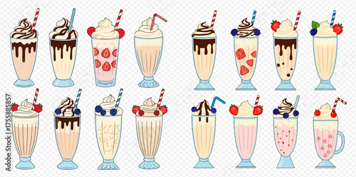 A collection of various milkshake illustrations, each uniquely decorated with toppings and straws.