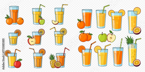 Illustration of various fruit juice glasses with straws and fruit slices.