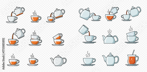 Collection of tea related icons: teapots, cups, and pouring tea.