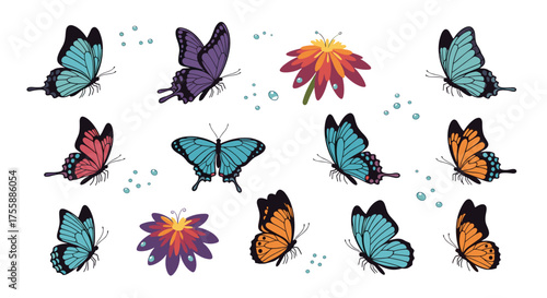 A collection of colorful butterflies and flowers in motion.