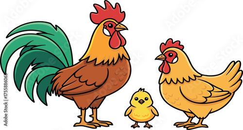 Charming cartoon illustration of a rooster, hen, and chick family on a white background
