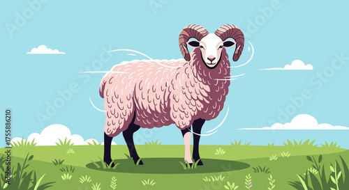 A fluffy pink sheep with large curly horns stands in a green field under a blue sky.