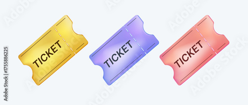 Tickets 3D render vector icon set, Convert, Movie and Festival ticket symbol, Isolated on background, Entertainment graphic elements for Decoration in Modern minimal style, Business and Web banner