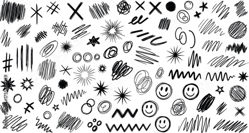 Dynamic collection of hand-drawn scribble and doodle elements, featuring stars, lines, and playful emoticons, perfect for adding artistic flair to creative projects