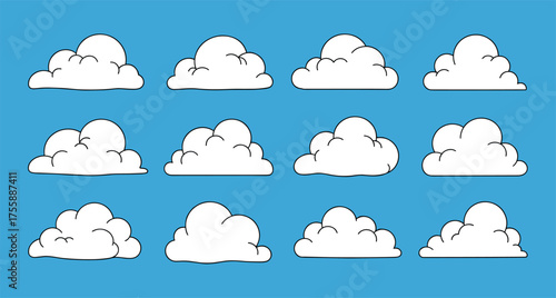 Set of fluffy clouds vector illustration isolated on a blue background. Cartoon style cloud