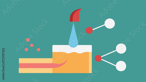 Active Ingredients Release A visual of a cream being applied to the skin with nanoparticles labeled and actively releasing the active ingredients into the skin layers represented