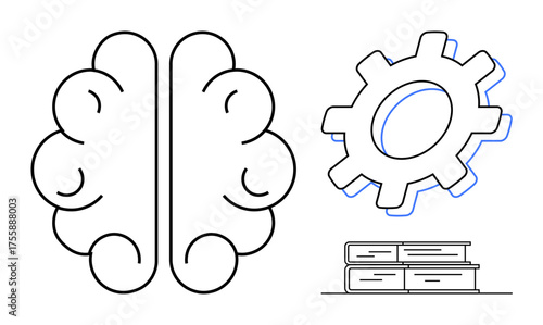 Brain signifies thinking and cognition, gear represents innovation, books highlight learning. Ideal for education, training, problem-solving, creativity, brainstorming development analysis. Simple