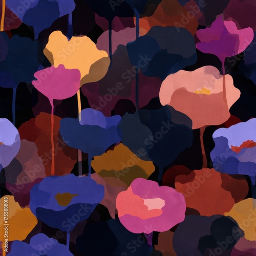 Colorful Abstract Floral Pattern with Vibrant Poppies on Dark Background.