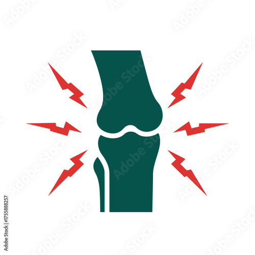 A clear graphic illustration of a human knee joint with intense radiating red symbols, effectively conveying the discomfort of pain, injury, or inflammation.