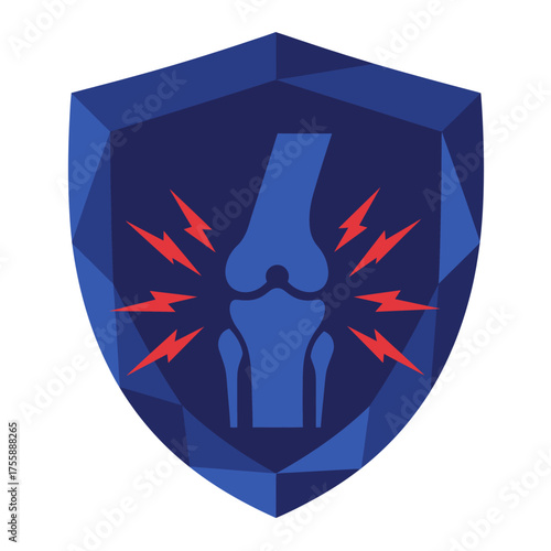 A graphic blue shield icon depicting a human knee joint with radiating red pain, symbolizing orthopedic protection, injury, and medical health concerns.