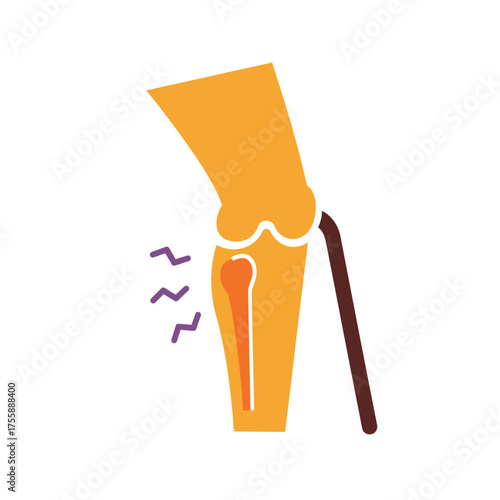 This stylized illustration effectively conveys the concept of leg pain, bone injury, or a chronic condition requiring a walking stick for support.