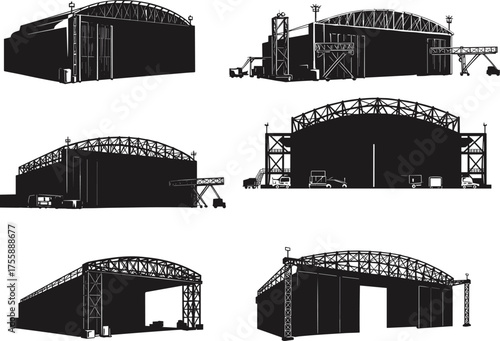 Aircraft hangar silhouettes illustration, aviation maintenance building vector, modern airport infrastructure design, industrial hangar architecture concept, airplane repair facility, 