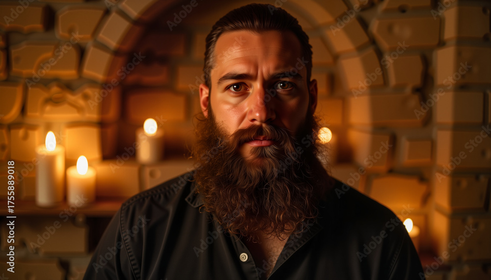 Obraz premium Bearded man with serious expression in front of candles indoors 