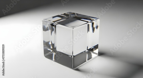 Transparent Glass Cube on Reflective Surface with Light Refraction