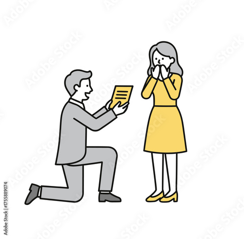 Man proposing marriage to woman with Love Letter and flowers