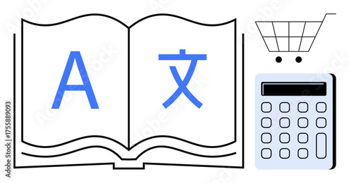 Open book with multilingual characters, shopping cart, and calculator emphasizing education, translation, learning, e-commerce, technology, and global trade. Ideal for online learning platforms