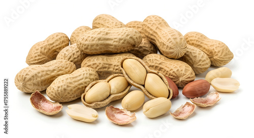 Pile of raw peanuts in shells with some open showing kernels