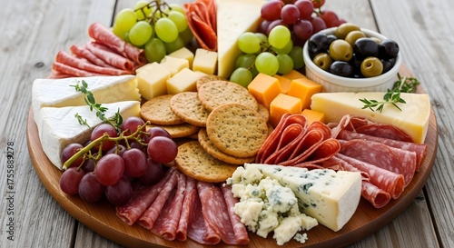 Gourmet Charcuterie Board with Cheeses, Meats, Crackers, Grapes, and Olives on Rustic Wooden Surface