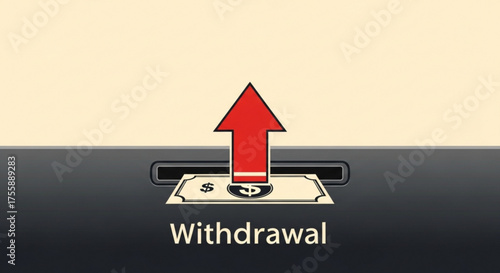 A symbolic illustration of a financial transaction depicting a withdrawal from an atm, with a red arrow indicating the direction of the money flow