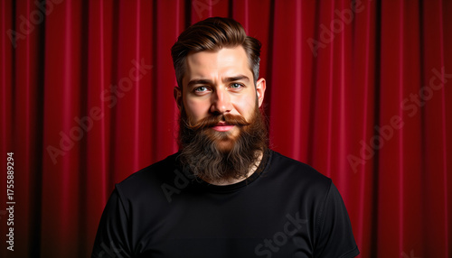 Bearded man smiling in black shirt against red curtain background  