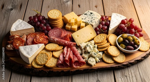 Gourmet Charcuterie Board with Cheeses, Meats, Crackers, Grapes, and Olives on Rustic Wooden Surface