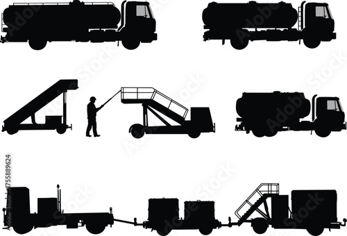 Airport ground support vehicle silhouettes, fuel tanker trucks, stairway vehicles, baggage cart, aviation logistics, aircraft service, black icons, transport equipment, vector illustration set