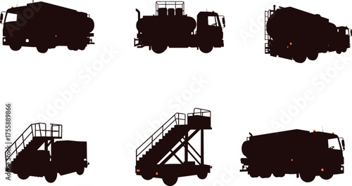 Airport ground support vehicle silhouettes, fuel truck, stair truck, lavatory service, aviation logistics, aircraft maintenance, black icons, 