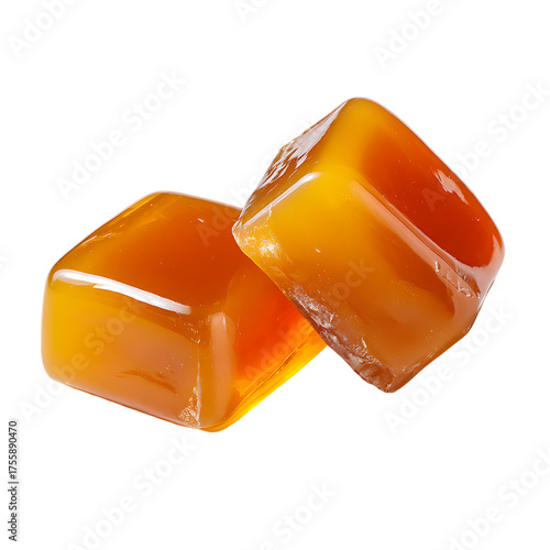A highly detailed, photorealistic close up macro shot of two smooth, glossy, square butter caramel candies.