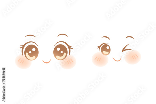 Smiling and winking kawaii anime faces with round eyes