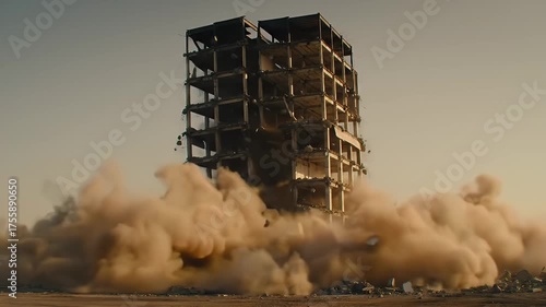 Demolished Building with Dust Cloud, and Desert.