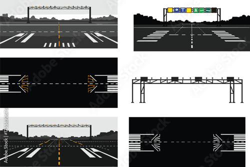 Airport Runway Approach Lighting System Vector Set, Taxiway Markings and Landing Lights Illustration, Aviation Navigation Infrastructure for Airfield Design and Aircraft Landing Safety