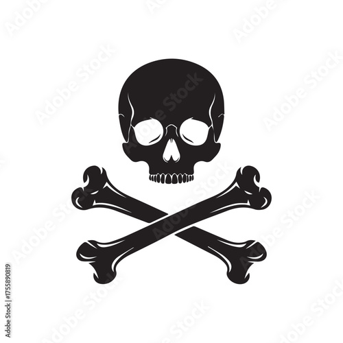 A black silhouette illustration of a human skull and crossbones symbol isolated on a white background.