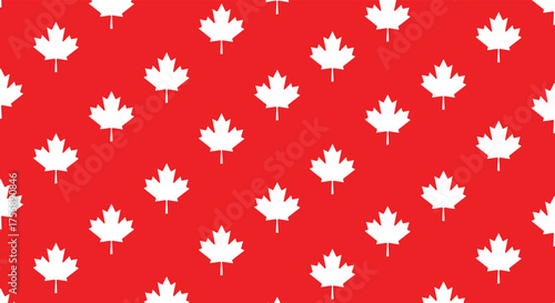 A repeating pattern of white maple leaves on a vibrant red background.