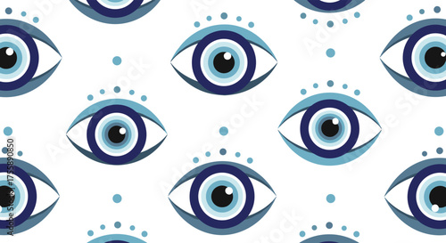 A repeating pattern of blue evil eye charms and dots on a white background.