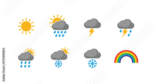 A collection of weather icons depicting various meteorological phenomena and conditions.