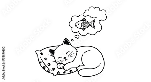 A cute white cat is sleeping peacefully on a pillow and dreaming of a fish.