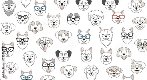 A delightful collection of cute illustrated dog faces wearing glasses.