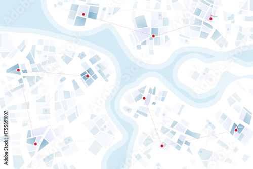 Logistic and delivery networks with GPS tracking with several stops along a path. Abstract city map navigation with red location pins and dotted travel routes across river areas. Vector illustration.