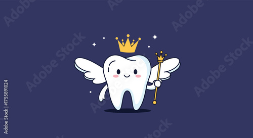 A whimsical flying tooth with wings and a crown holding a scepter.