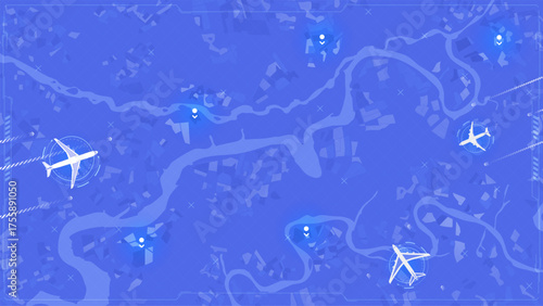 Airplane flight route map over city with navigation markers, digital tracking interface. Futuristic aviation flight paths and glowing location markers, global logistic concept. Vector illustration.