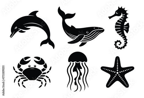 Set of marine life silhouettes vector illustration dolphin whale seahorse crab jellyfish starfish scalable eps vector illustration white background