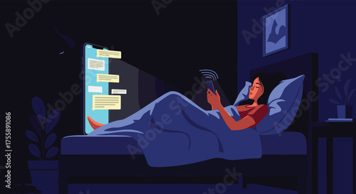 Young woman engrossed in her smartphone while lying in bed at night.