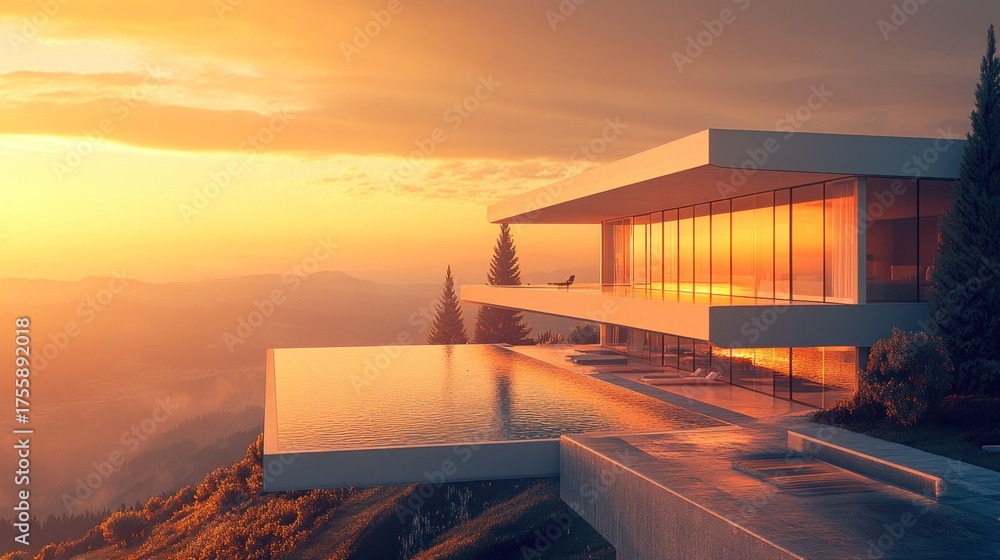 Fototapeta premium Modern luxury home with infinity pool perched on a mountaintop at sunset. Vast glass windows reflect the golden hour light, overlooking a misty mountain range. Stunning architectural design.