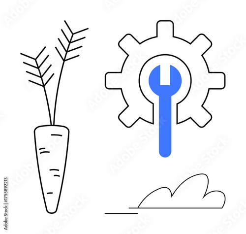Carrot with detailed leaves beside a gear and wrench represents the fusion of agriculture and technology. Ideal for innovation, sustainability, agritech, farming solutions, tools, growth