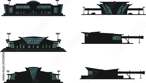 Airport terminal silhouette collection, modern architecture, jet bridge design, travel infrastructure, black vector icons, 