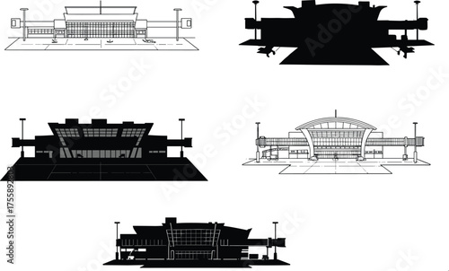 Airport terminal architecture, silhouette illustration, modern building design, aviation infrastructure, vector icons, transport hub, urban travel, glass facade, minimal style, front view terminals